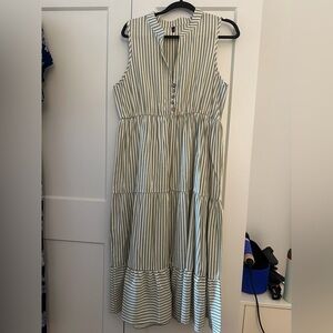 Striped Sleeveless Dress Midi Length Green